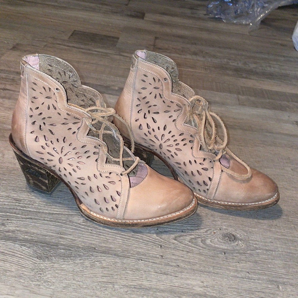 Miss Macie waiting on Friday leather laser cute leather lace up stacked booties